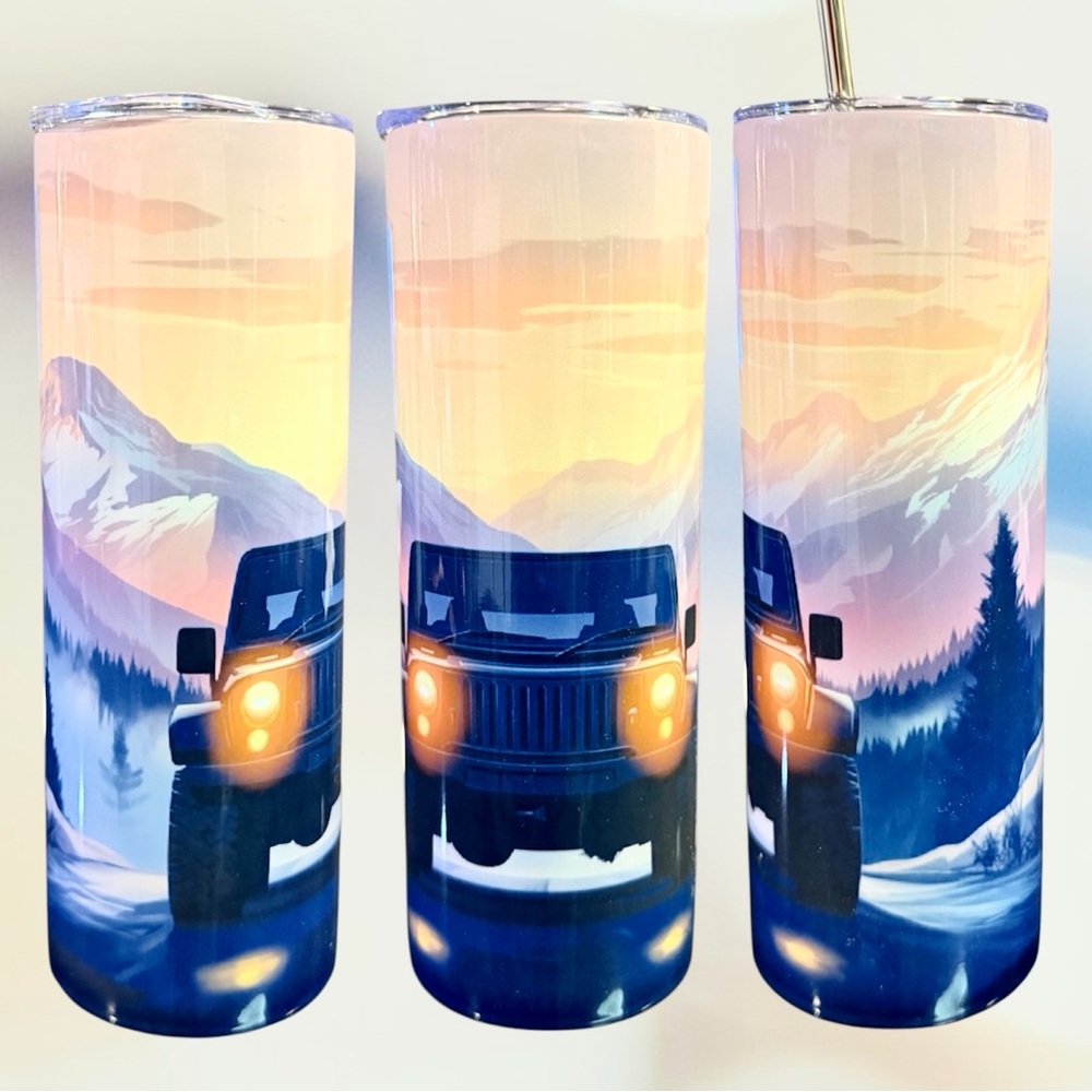 20oz Hot/cold Tumbler New Custom Made Jeep Mountain Theme plus bonus items